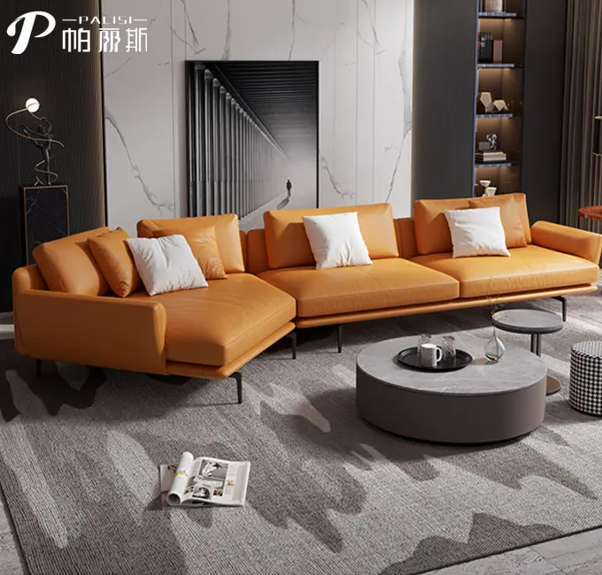 Italiaanse Design Lederen Sofa Sectionele Meubilair Ganzenveren Leer Stof Gecombineerd Sofa Set