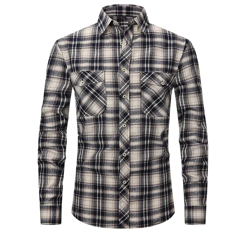 Custom Spring Wholesale Men Business Casual Wear Breathable Stripe Long Sleeve Pocket Flannel Plaid Check Shirts