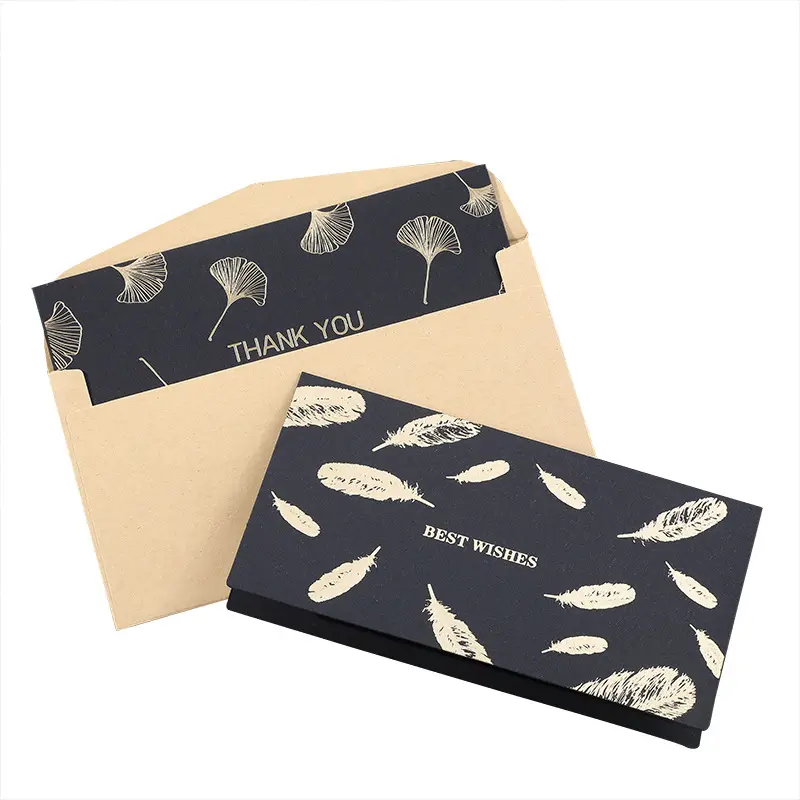 Tarjetas de Felicitación plegables de estampado en caliente, papel de aluminio negro y dorado de lujo, tarjetas personalizadas de boda, cumpleaños y negocios