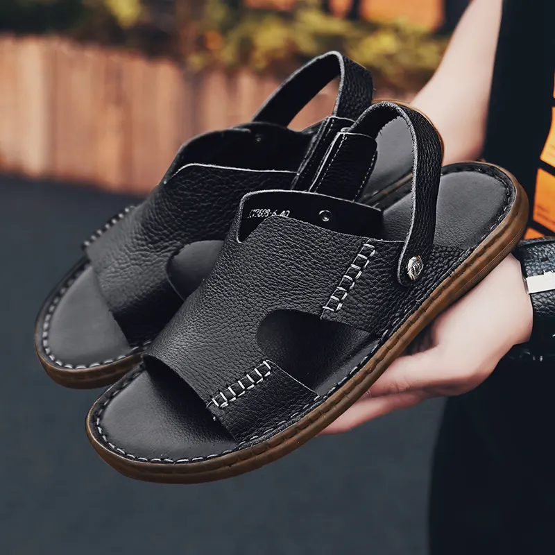 Sandalias cruzadas de cuero genuino para hombre, zapatos hechos a mano, con punta abierta, suela plana, color negro, talla grande 46, para verano
