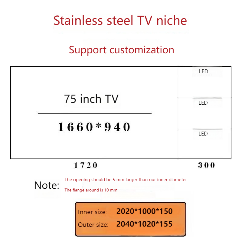 75 pouces en acier inoxydable tv niche avec stratifié
