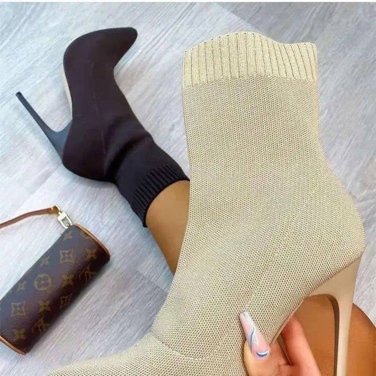 Botas de lana de tacón alto para mujer Estilo desnudo para otoño Cierre con cordones Botas de invierno de moda y de alta calidad