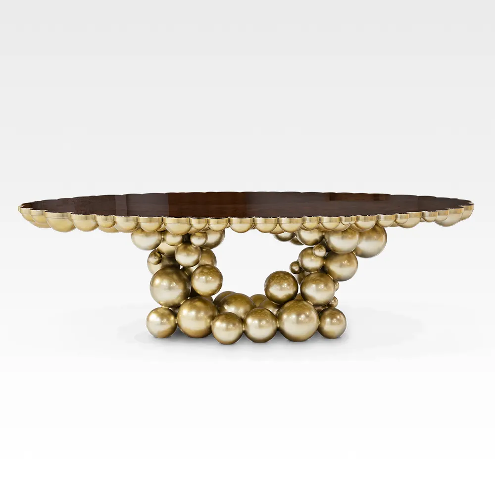 Alta qualità moderna sala da pranzo popolare a forma di palla mobili top in legno in acciaio inox placcato oro tavolo da pranzo set
