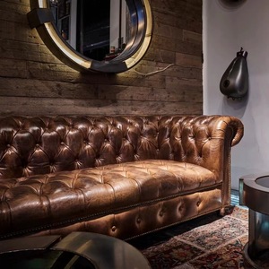 Atacado Estilo Antigo High End Brown Top Couro Genuíno Chesterfield Sofá <span class=keywords><strong>Set</strong></span> para Sala