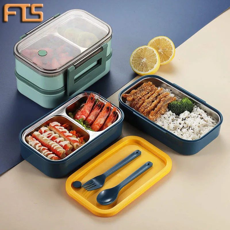 FTS boîte à bento moderne en acier inoxydable adultes 2 couches en plastique bureau sus 304 haute qualité deux couches boîte à lunch personnalisée