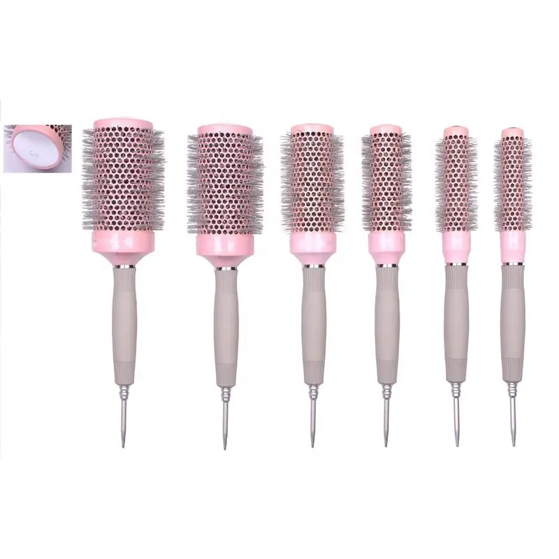 Brosses rondes roses personnalisées professionnelles en aluminium brosse à cheveux ionique thermique chauffante corée