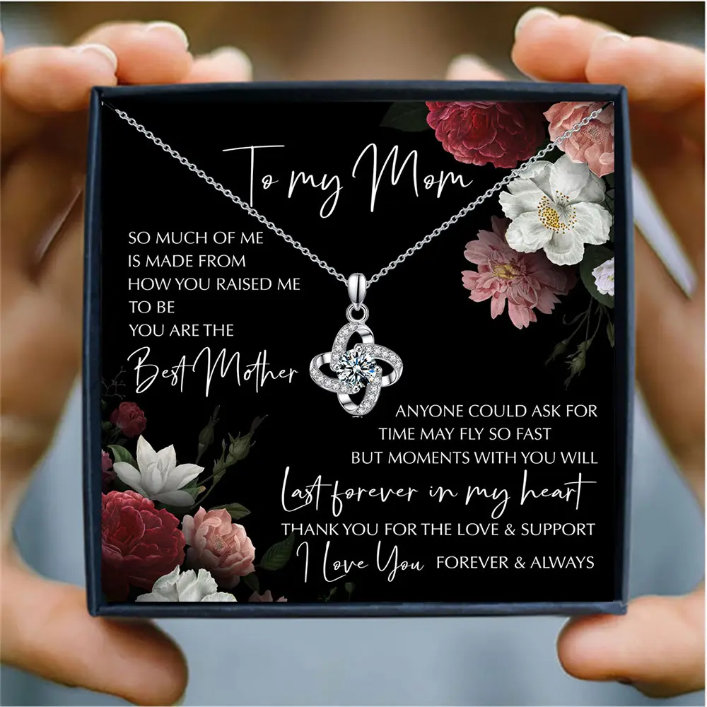 Fashion To My Mother Rhinestone Silver Four-Leaf Clover Pendant Mother Daughter Necklace for Birthday Mother's Day Gift