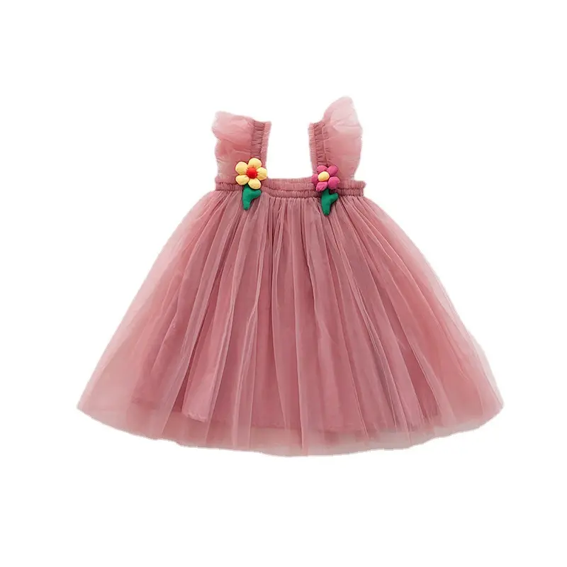 Vestido de cumpleaños de princesa de malla de verano coreano vestido de tirantes bordado de mariposa para niños de 1 a 6 años