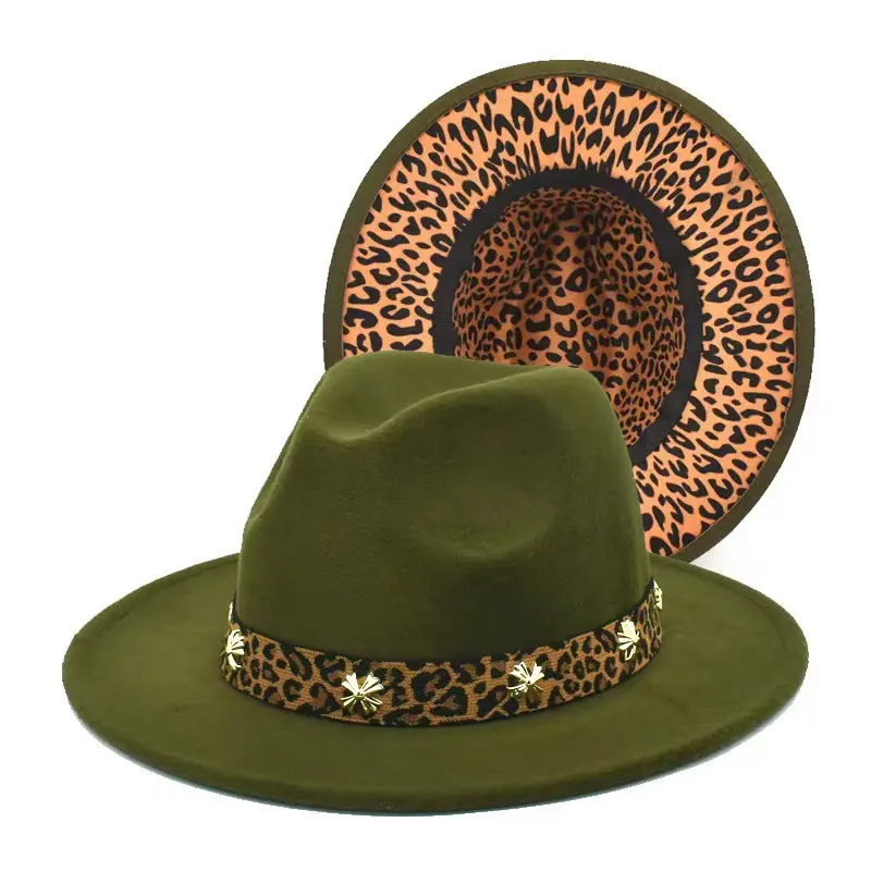 Toptan ucuz iki renkli fötr şapka şapka Unisex Panama caz şapka leopar bandı ile