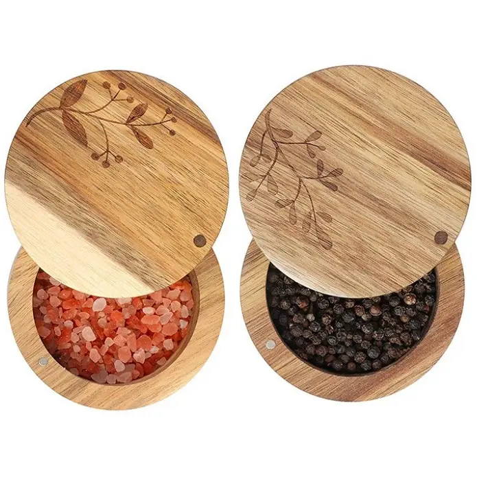 Acacia Wood Salt Storage Box with Magnetic Swivel Lid Two Storage Compartments Bamboo Salt And Pepper Box