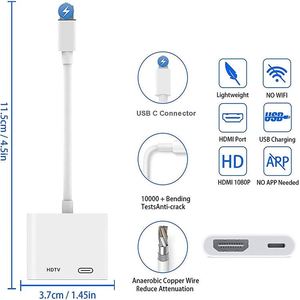 2合1 usb-c数字影音多端口适配器4K @ 60hz视频和音频同步屏幕转换器适配器，适用于iPhone 16/15，iPad Pro，带E