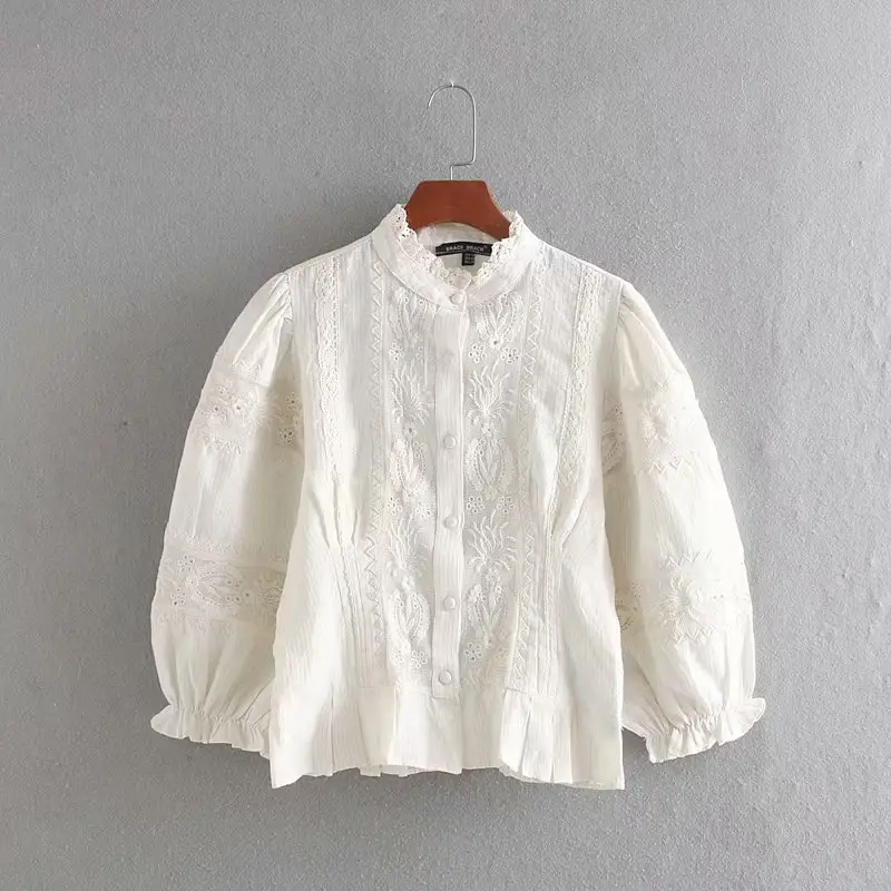 韓国風七分袖刺繍ホワイトカラーレディリネンコットンブラウス