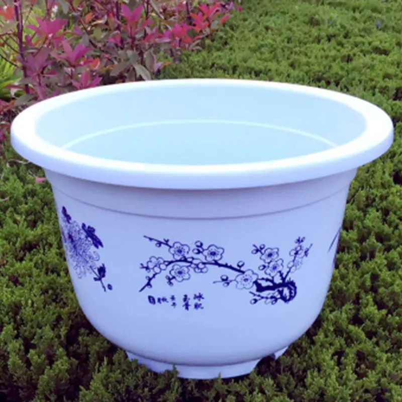 Vaso da fiori in porcellana bianca e blu di plastica per piantare attrezzi