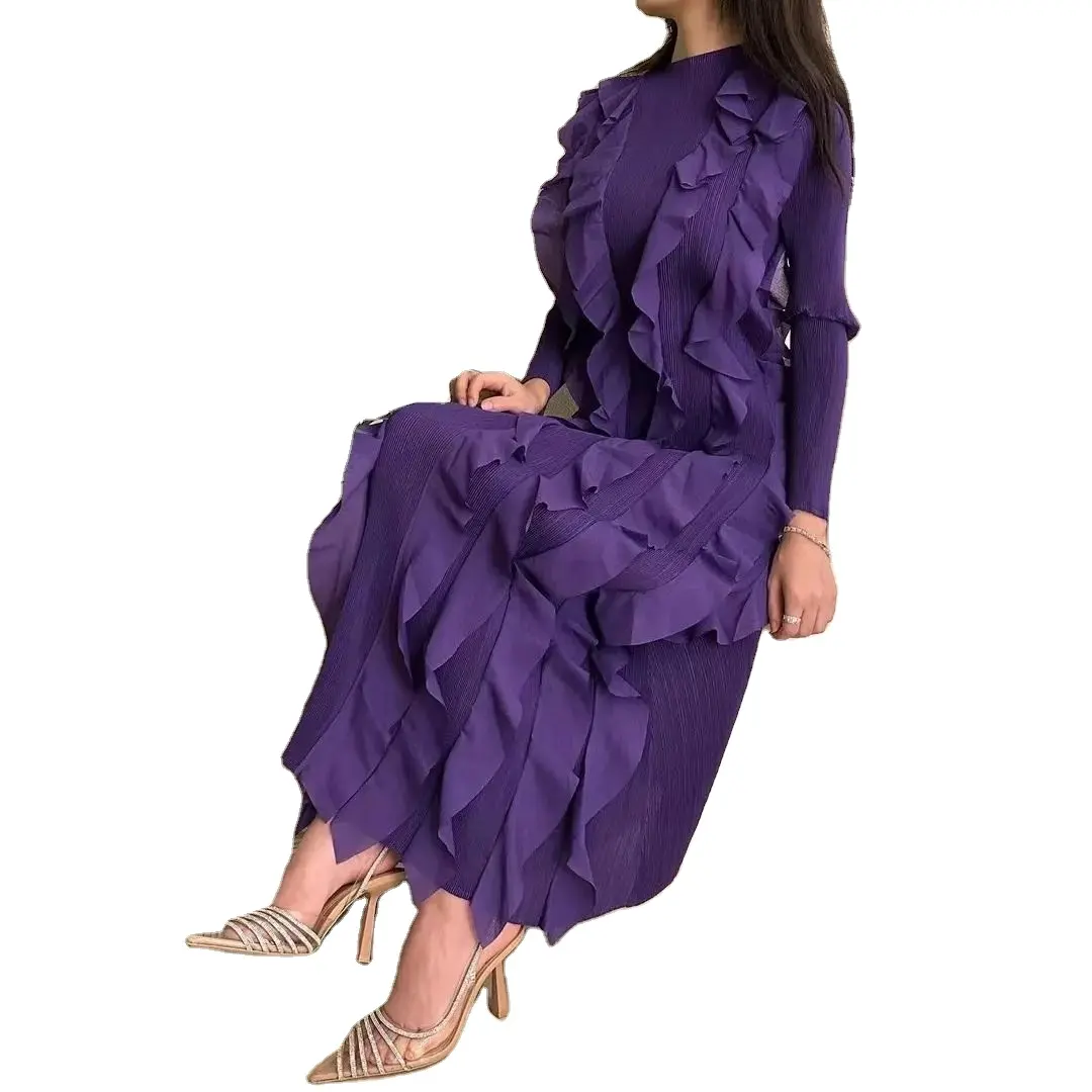 Женское однотонное плиссированное платье с длинным рукавом
