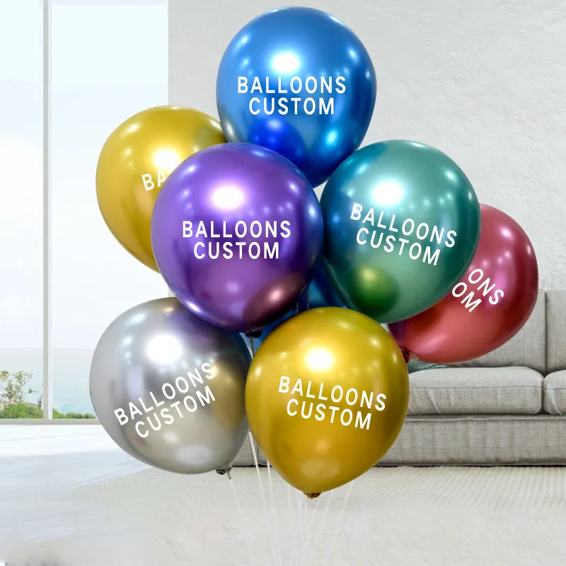 عالية الجودة رخيصة الإعلان 12 بوصة اللاتكس تصميم مخصص ذات العلامات التجارية شعار مخصص البالون المعدني مع شعار مطبوع