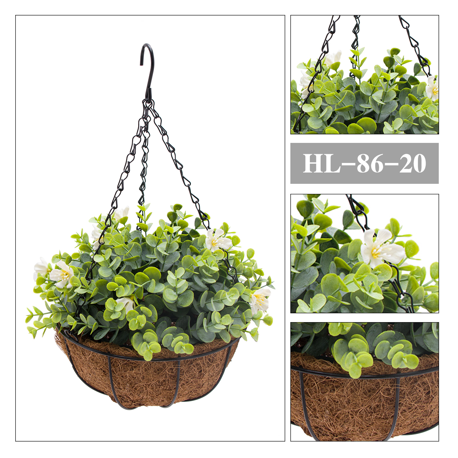 Artificial White Eucalyptus Hanging Basket with Coconut Liner