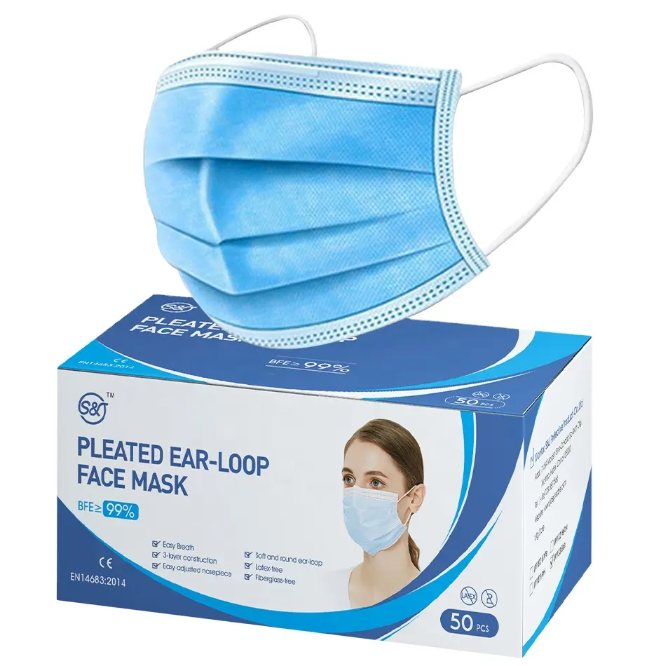 Mascarilla quirúrgica azul SJ OEM, mascarilla médica de 3 capas desechable de algodón con elásticos