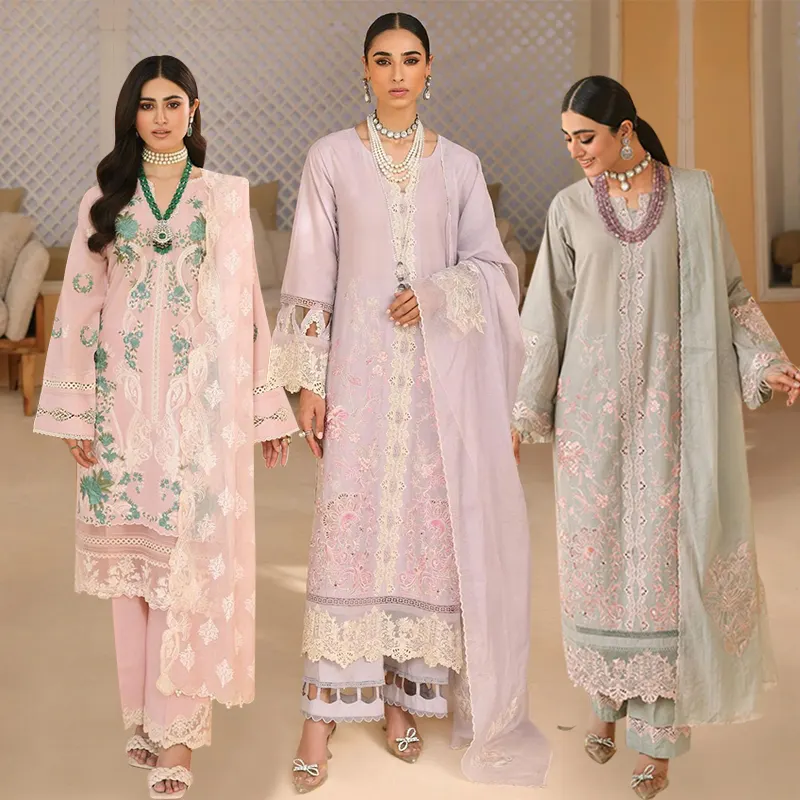 Premium Kwaliteit Indian Pakistani Dames Gazon Shalwar Kameez Suits Groothandel Oem Services Vrouwen Sarees Gazon Jurk