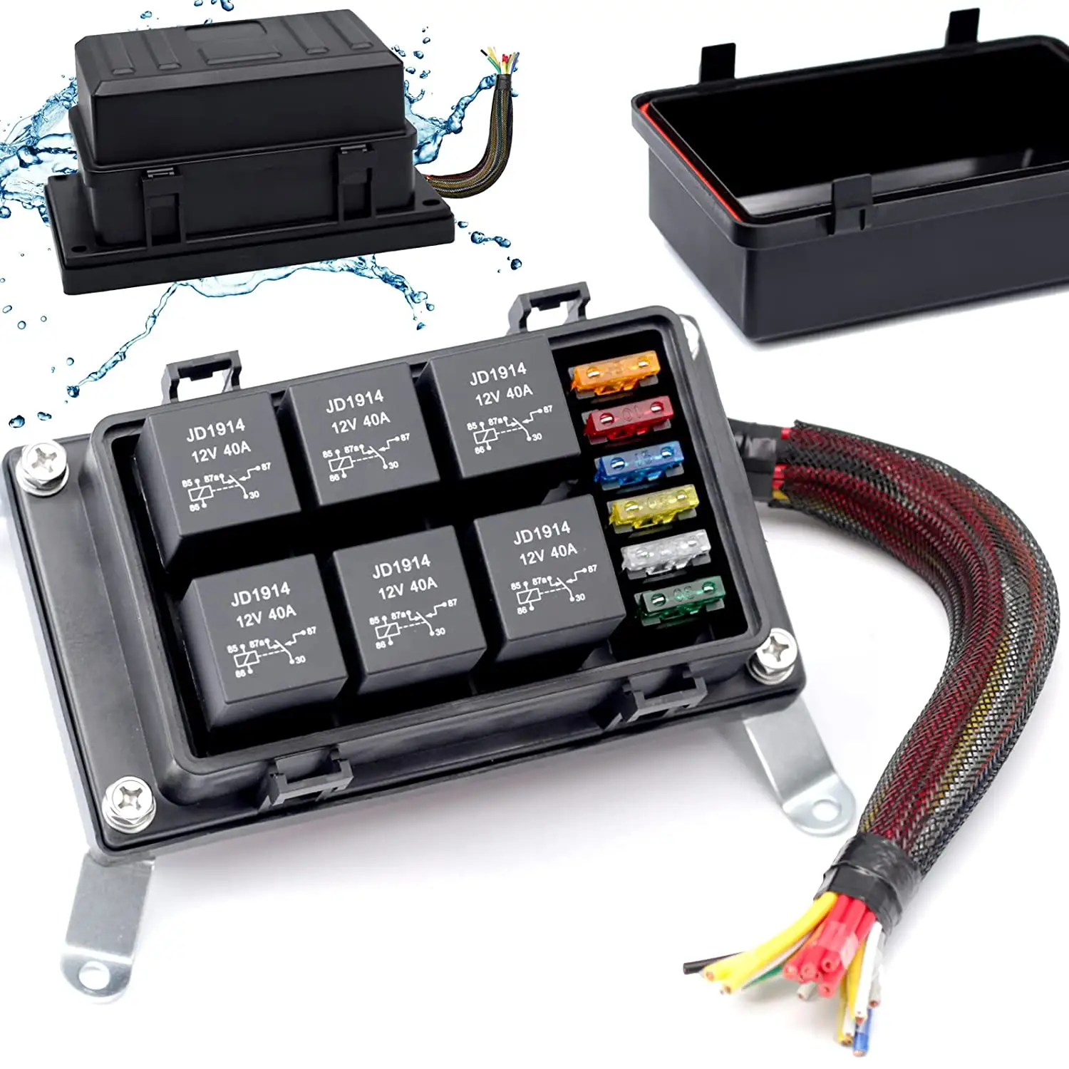 업그레이드된 방수 릴레이 박스 12V, 6 개 5 핀 릴레이 및 10 개 ATC/ATO 블레이드 퓨즈가 있는 사전 유선 퓨즈 및 릴레이 블록, 12V Fu