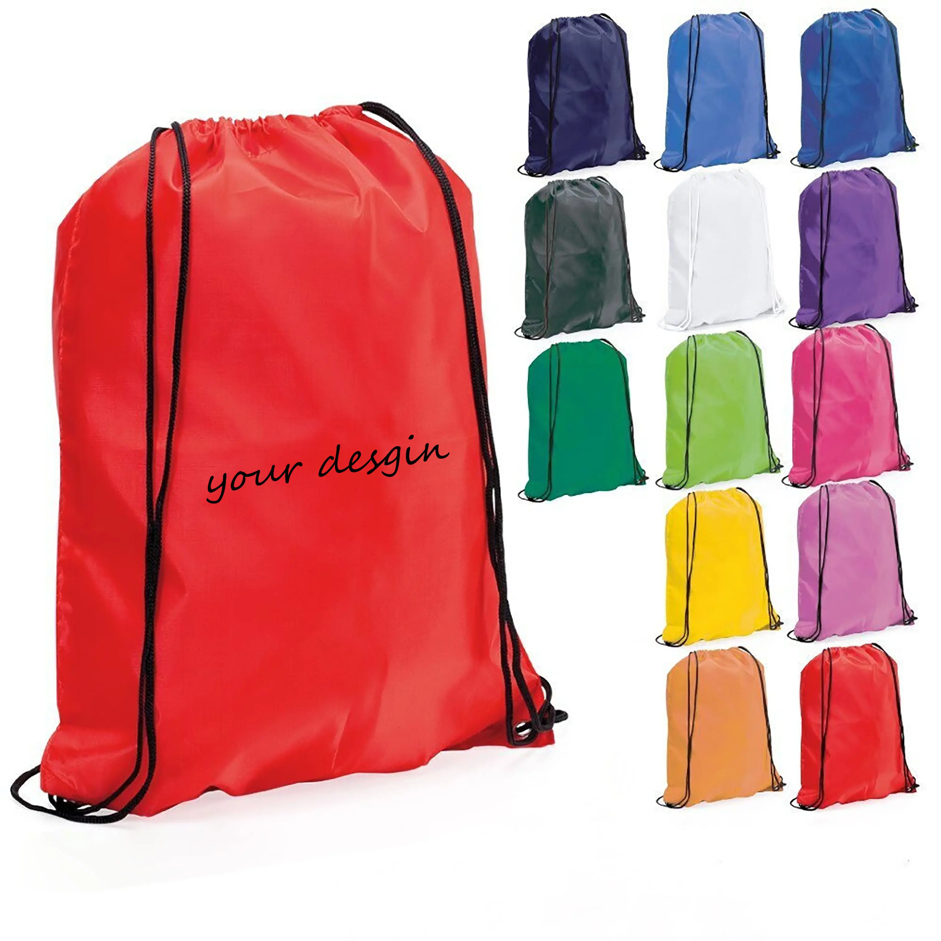 Mochila de nailon y poliéster plegable 210D, bolsa con cordón promocional, impresa personalizada, impermeable, para compras