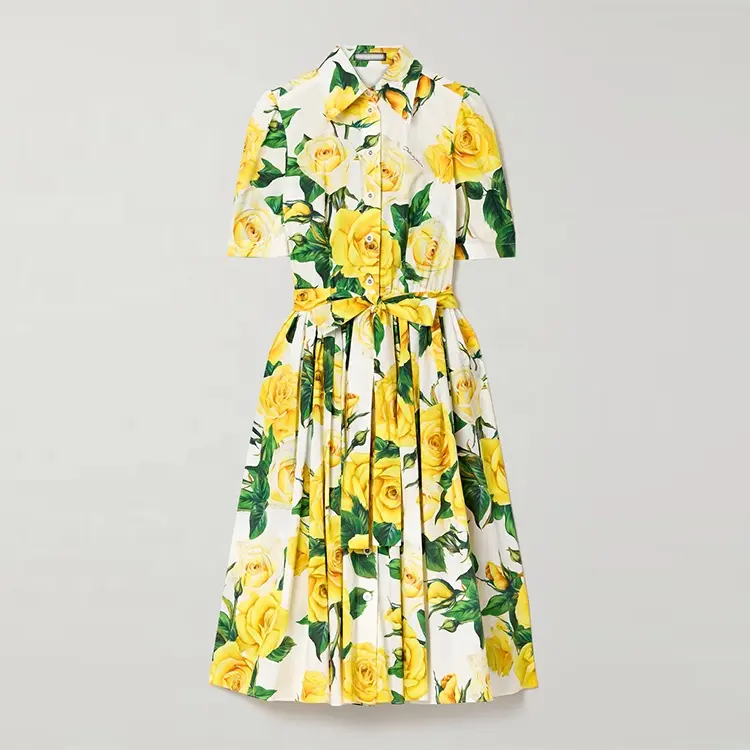 dress manufacturer custom spring summer polo collar short sleeve drawstring print cotton shirt midi dress women