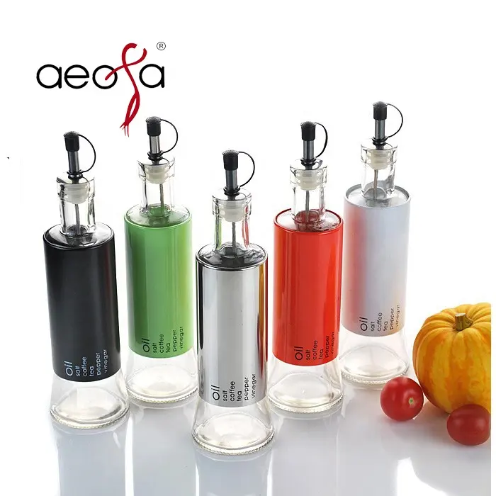Aeofa Dispenser di olio e aceto in vetro con bottiglie e barattoli in metallo bottiglia rotonda in vetro sostenibile aceto di olio d'oliva