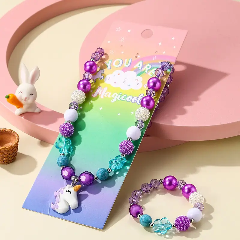 INS Style New Kinder schmuck Cartoon Einhorn Perlenkette Nette Mädchen Armband Halskette Set