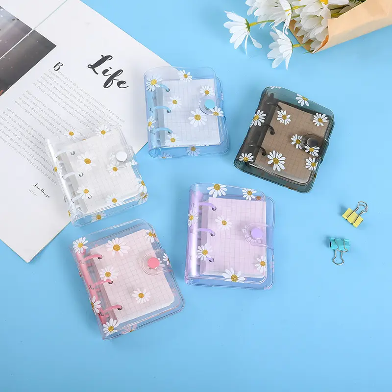 Mini Daisy 3 Hole Binder Covers Clear PVC Notebook Loose Leaf Binder Round Ring Protector Binder Pocket with Snap Button Closure