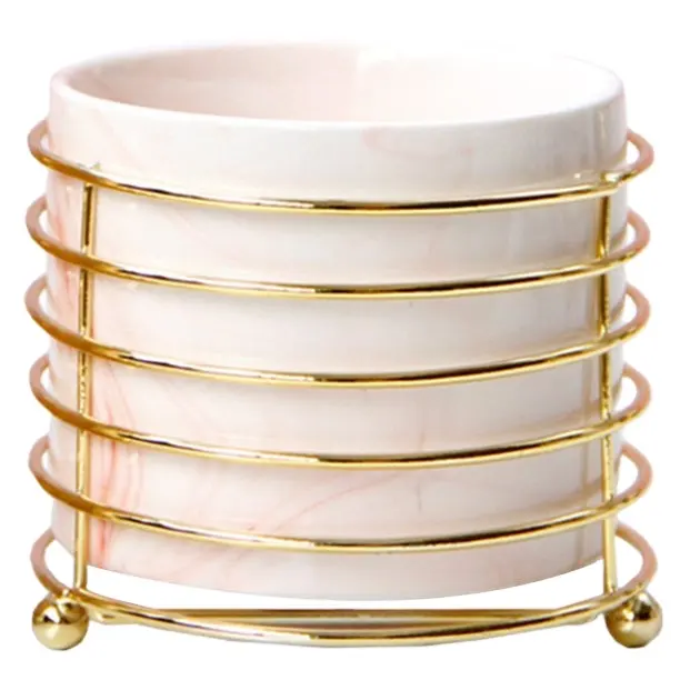 Keramik Make-up Pinsel halter mit Gold Eisen rahmen Cosmetic Organizer Container Cup Glas und Deckel