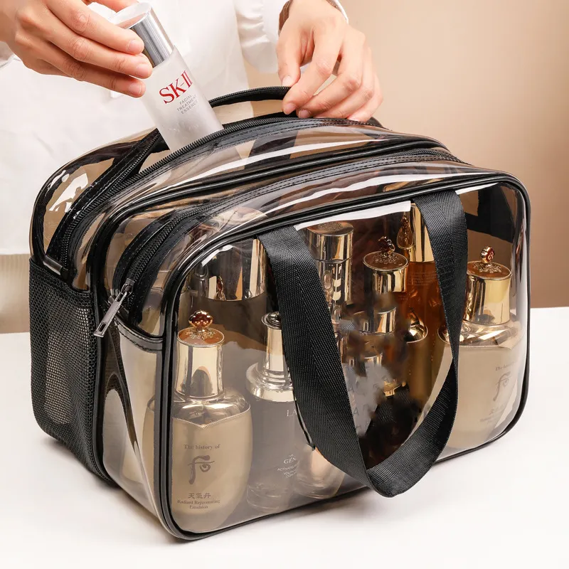 कस्टम लोगो पारदर्शी स्पष्ट यात्रा पीवीसी कॉस्मेटिक बैग डबल परत बड़ी क्षमता कॉस्मेटिक बैग सूखी गीला रवाना कॉस्मेटिक बैग