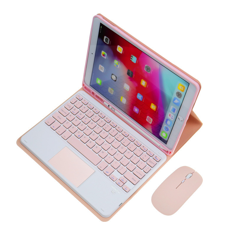Étui en cuir rose, clavier et souris tactiles carrés