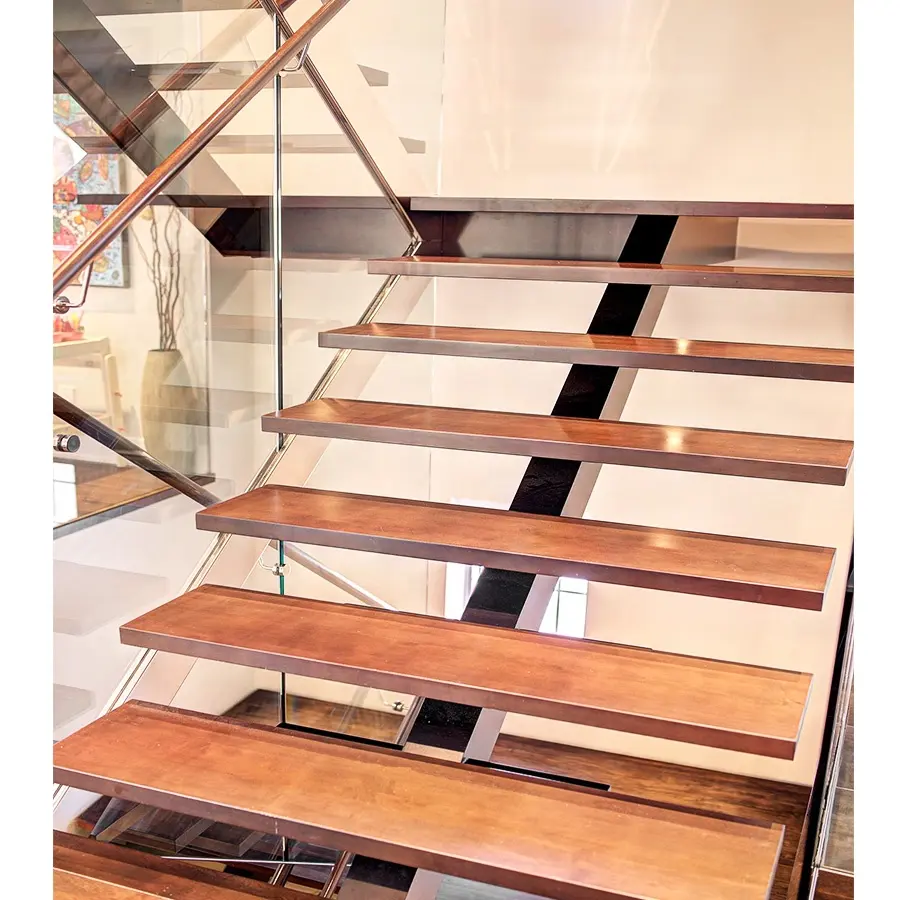 Peldaños de escalera genuinos de precio especial para escalones de madera Diseño de barandilla de escalera de acero para interiores Diseño de escaleras Mono Stringer