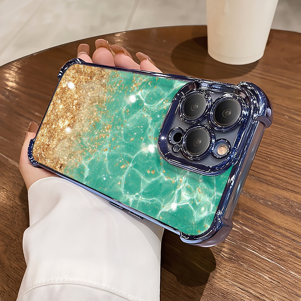 Blue electroplated four-corner drop-proof gilded green water wav