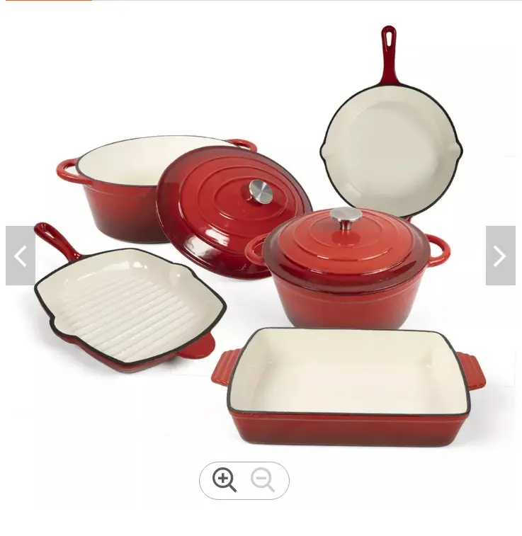 Cast Iron Enamel Covering 5 Pieces Cookware Set Round Casserole Frying Pan Grill Pan Roaster Stewing Pot