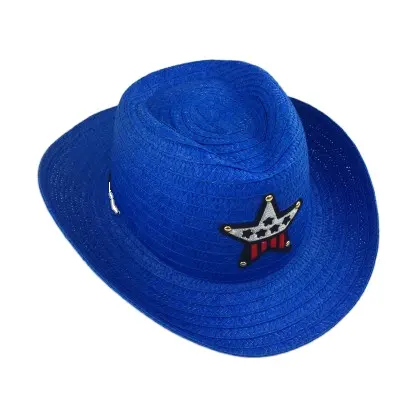 Sombrero de paja de papel de bebé de ala grande curvada barato caliente para niños pentagrama verano ala ancha azul niños sombrero de vaquero de paja