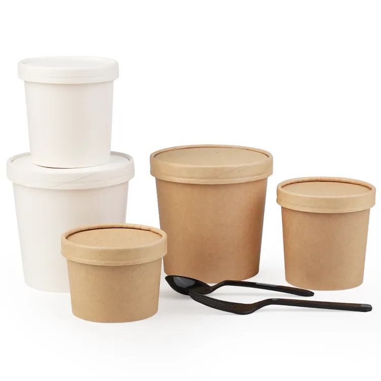 Tonneaux à soupe en papier personnalisés avec couvercles en papier bol à soupe en papier marron tasse à soupe kraft jetable
