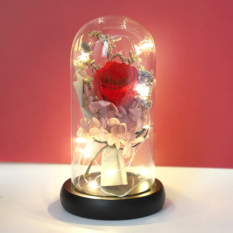 Прекрасный подарок на день Святого Валентина, сохраненная Роза + сушеный цветок, миниатюрный букет в стеклянном куполе со светодиодной подсветкой