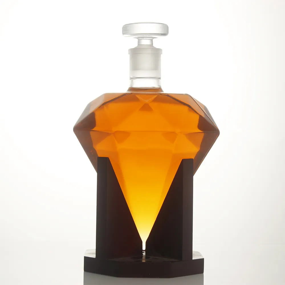 Botella de licor de cristal de pedernal con forma de diamante transparente personalizada, botella vacía de Tequila, Whisky, Brandy, etiqueta, calcomanías, tapa