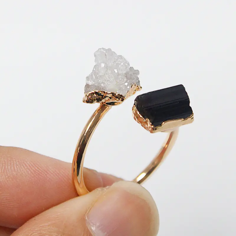 Irregular druzy stone anel aberto da turmalina, preto dourado da moda 2022 feito à mão cristal raw conjunto de jóias do dedo tamanho ajustável