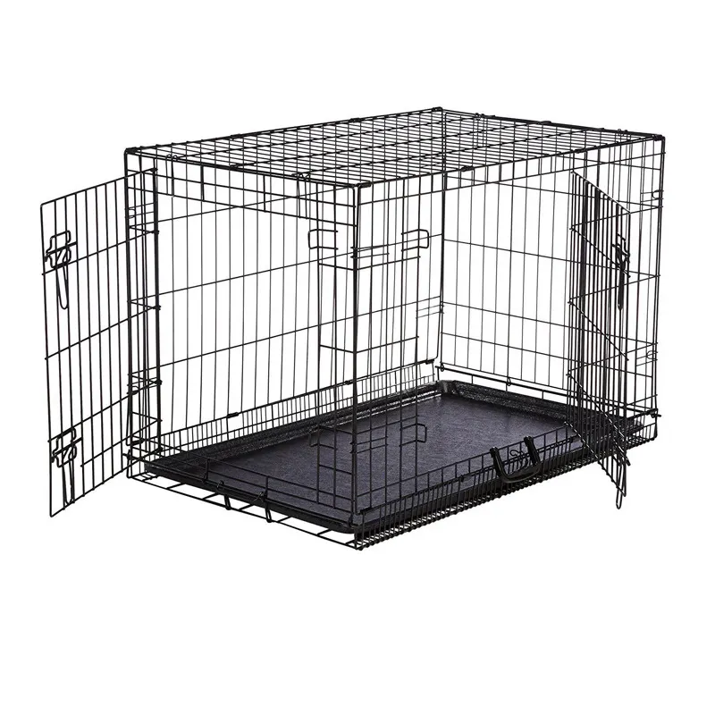 Matériau en acier robuste de plusieurs tailles de haute qualité deux portes, comprend une cage pour chien de clôture en fer de plateau sanitaire amovible