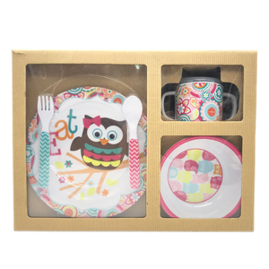 Farbe Eule Muster Kinder 5 Stück Melamin Set Platte Schüssel Tasse Gabel Löffel