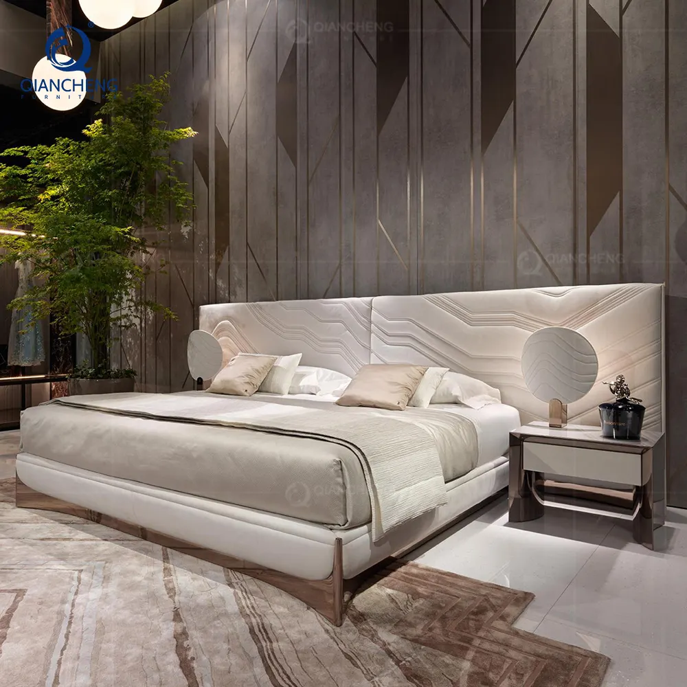 イタリア高級ベッドルーム家具多機能ベッドホテルベッドルーム家具中国カスタマイズベージュレザー布張りベッド