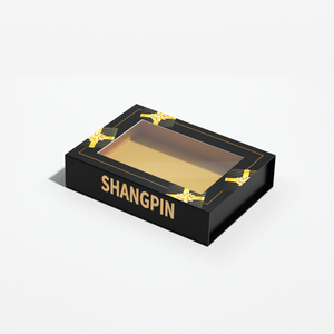 定制翻盖聚氯乙烯窗纸礼品盒黑色硬质纸板磁性闭合礼品包装盒