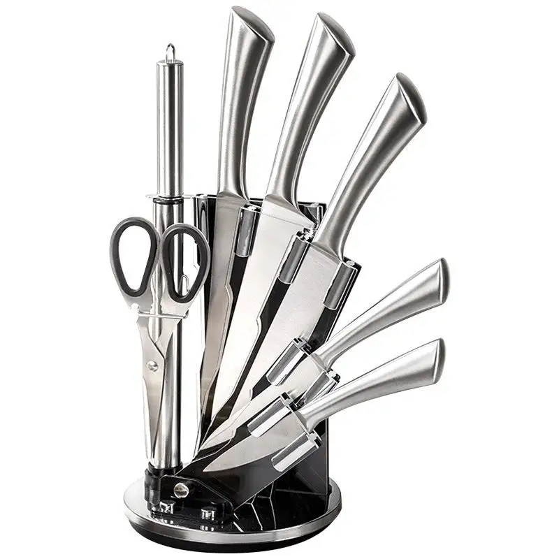Grosir Pabrik pisau koki dapur pegangan berongga profesional 9 buah Set pisau baja tahan karat merah muda dengan blok