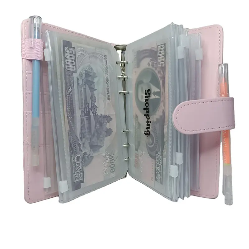 Toptan taşınabilir doldurulabilir PU deri gündem kapak bütçe kitap bağlayıcı A6 nakit zarf cüzdan Binder 6 yüzük bütçe planlayıcısı
