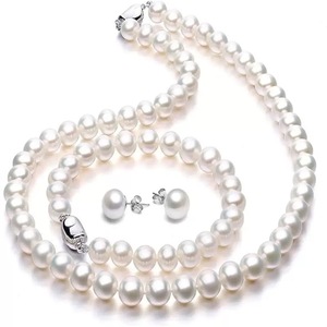 Clássico Simples <span class=keywords><strong>8</strong></span>-9mm Pérola Colar Pulseira Brincos Set Sterling Silver com Nail Inserção Strand Cadeia para Casamentos