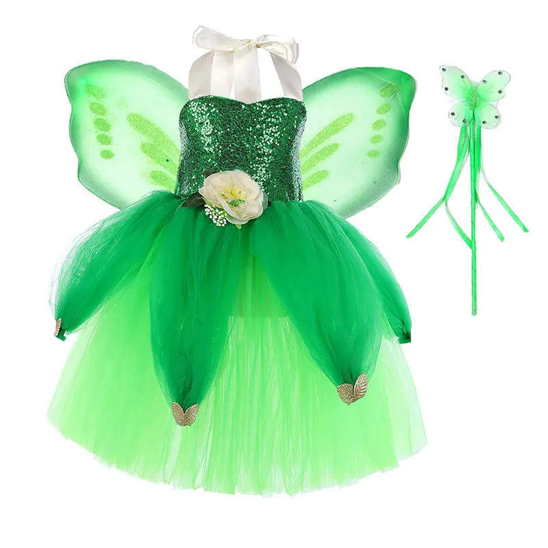 Halloween Cosplay Prinzessin Baby Mädchen Party Grüne Blume Fee Tinker Bell Kleid Elf Kostüm