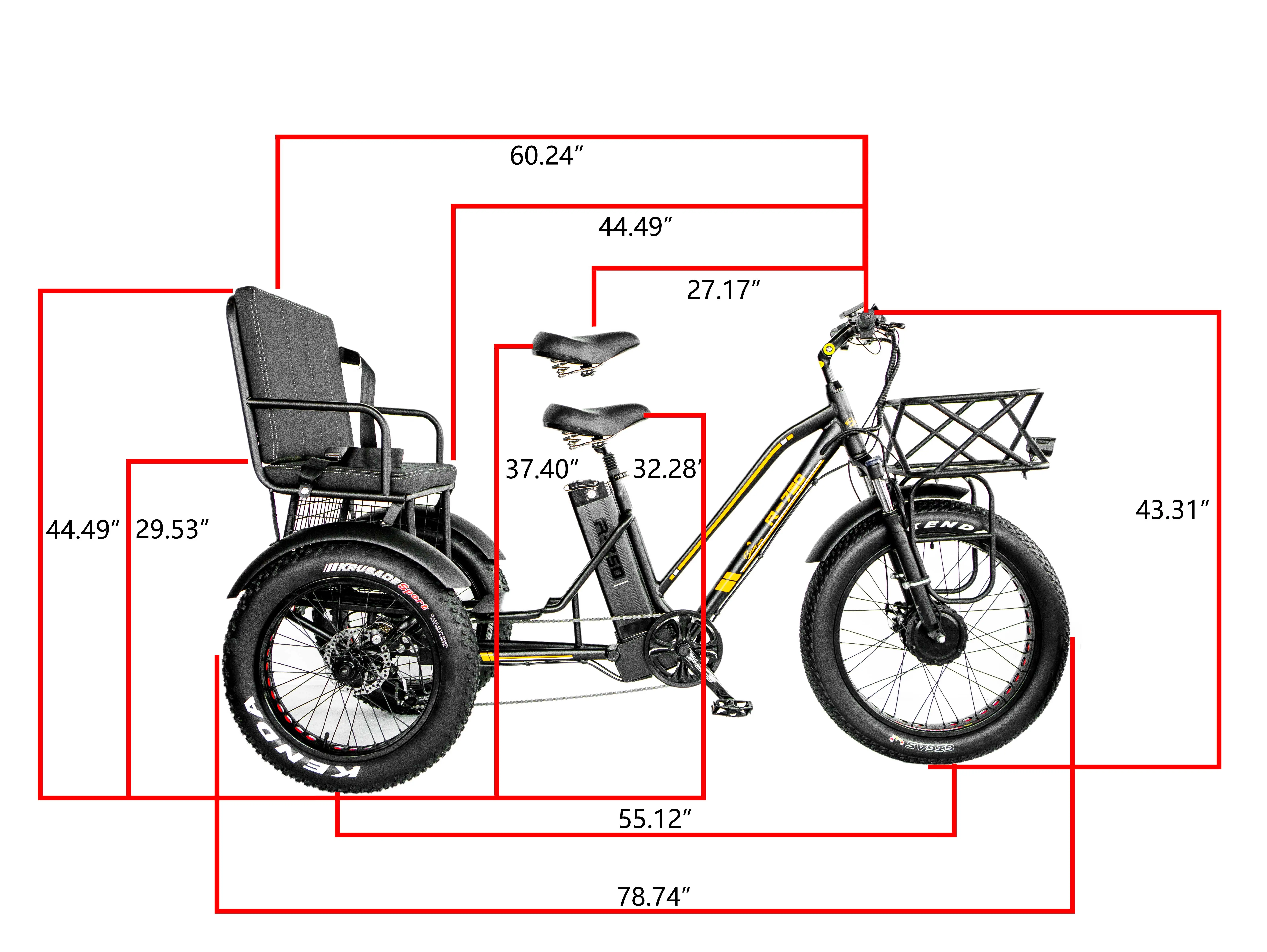 Triciclo eléctrico de asiento de pasajero para adultos, triciclo de neumático grueso de 20-24 ", 48V, 750W, 21AH, 50 KM/H, OEM, CE, 3 ruedas
