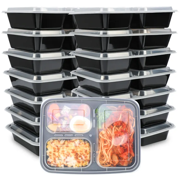 Takeaway recipiente de alimentos rápido microondulado, descartável, 3 compartimentos, plástico, embalagem de alimentos, caixa de almoço com tampa