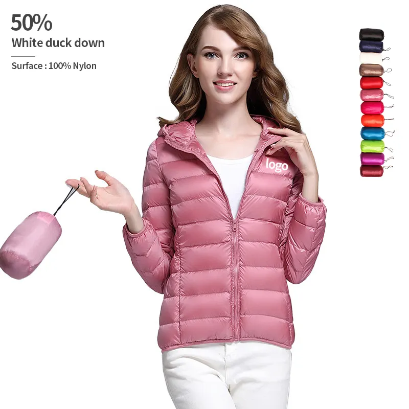 Kadınlar Puffer ceket Hoodie özel balon ceket desen kış şapkalar ile kapitone ceket baskı düz boyalı pembe dokuma ince kapüşonlu